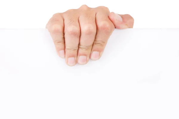 Hand Grab Whtie Kaart Board Ruimte Kopiëren — Stockfoto