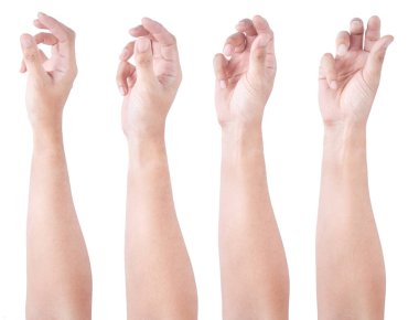 Beyaz arka planda izole edilmiş Asyalı erkek el hareketleri. Üç Parmakla Tutma Şeyini Aksiyon.