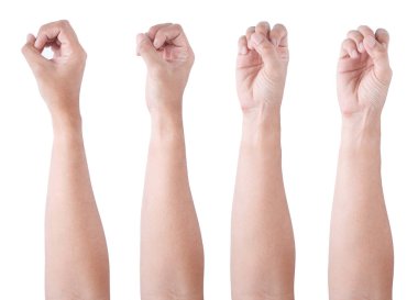 Beyaz arka planda izole edilmiş Asyalı erkek el hareketleri. Yuvarlak şeyi beş parmakla kavra.