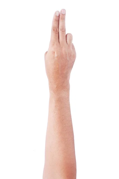 白い背景に孤立した男性アジア人の手のジェスチャー 2本の指でソフトグラブアクション — ストック写真