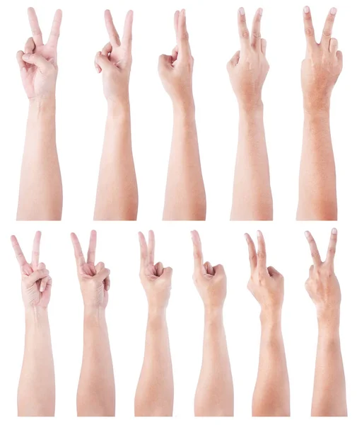 Группа Мужских Азиатских Жестов Руки Изолированы Белом Фоне Два Пальца — стоковое фото
