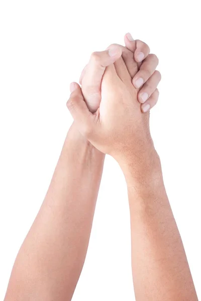 Closeup Hand Person Touching Hand Healthy Skin Concept White Background — Stock Photo, Image