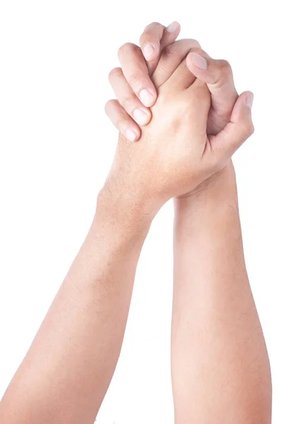 Closeup Hand Person Touching Hand Healthy Skin Concept White Background — Stock Photo, Image