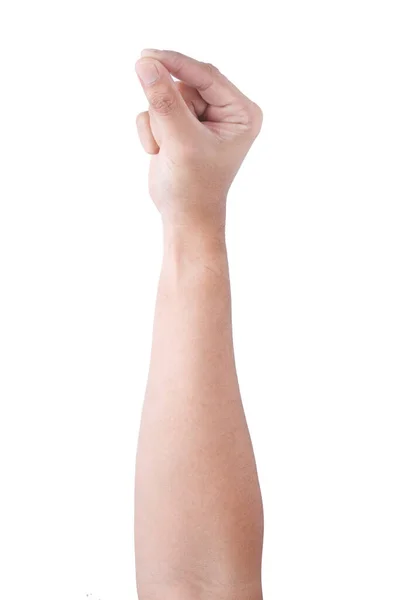 白い背景に孤立した男性アジア人の手のジェスチャー 2本の指で小さなものをつかむアクション — ストック写真