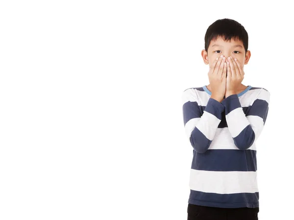 Азиатский Мальчик Покрывает Нос Избежать Pm2 Белом Фоне Студии Азиатский — стоковое фото