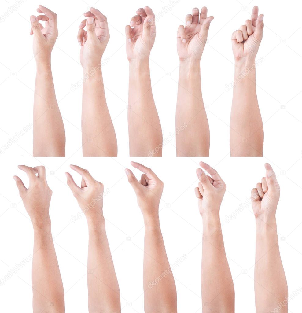 Group of Male asian hand gestures isolated over the white background. Hand Grab Thing with Two fingers Action.