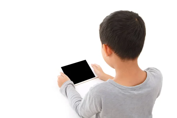 Tablet Hand Van Een Kind Geïsoleerd Een Witte Achtergrond Zijaanzicht — Stockfoto