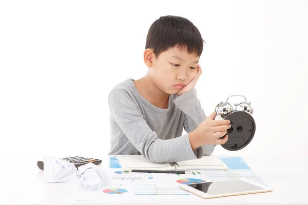 Stanco Esausto Asiatico Studente Della Scuola Primaria Addormento Mentre Studio — Foto Stock