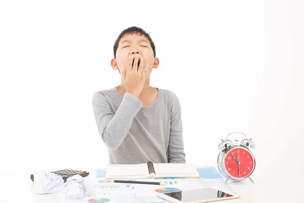 Stanco Esausto Asiatico Studente Della Scuola Primaria Addormento Mentre Studio — Foto Stock