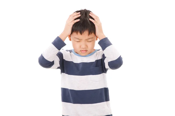 Niño Asiático Siente Enojado Estresado Llevaba Una Camiseta Azul Gris — Foto de Stock
