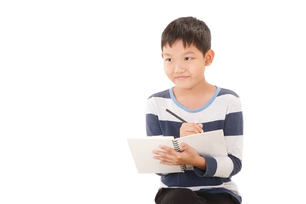 Азиатский Мальчик Написании Экшна Изолированный Белом Фоне — стоковое фото