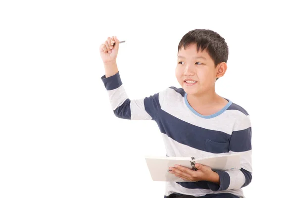 Asian Boy Написании Действия Визуальной Доске Isolated Белом Фоне — стоковое фото