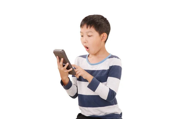 Asian Boy Segurando Calculadora Isolada Fundo Branco Wow Concept Verificar — Fotografia de Stock