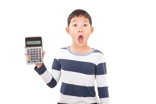 Asian Boy Tiene Calcolatrice Isolata Sfondo Bianco Wow Concept Controllo — Foto Stock