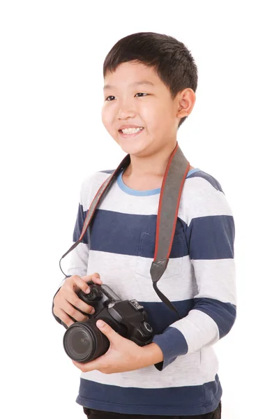 Beyaz Arka Planda Kameralı Gülümseyen Asyalı Çocuk — Stok fotoğraf