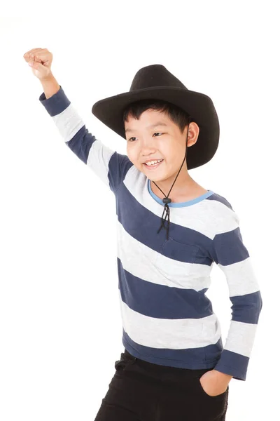 Feliz Ásia Menino Usa Vaqueiro Chapéu Isolado Branco Fundo — Fotografia de Stock
