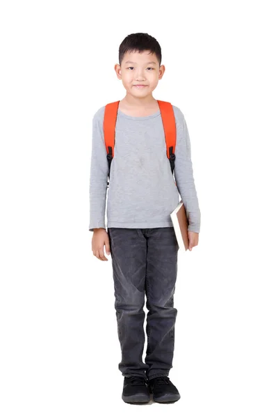 Asian Boy School Kind Hält Buch Hand Mit Orangefarbenem Rucksack — Stockfoto