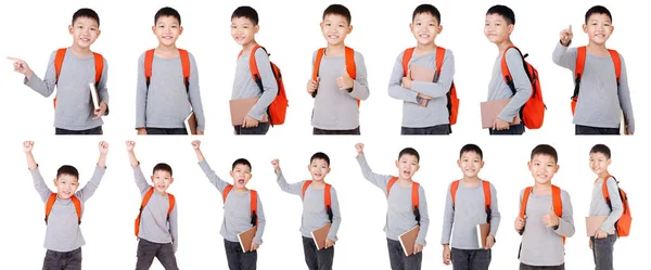 Grupa Asian Boy School Dzieciak Plecakiem Half Body Izolowane Białym — Zdjęcie stockowe