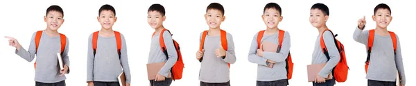 Group Asian Boy School Kid Backpack Half Body Isolated White — Stock Photo, Image