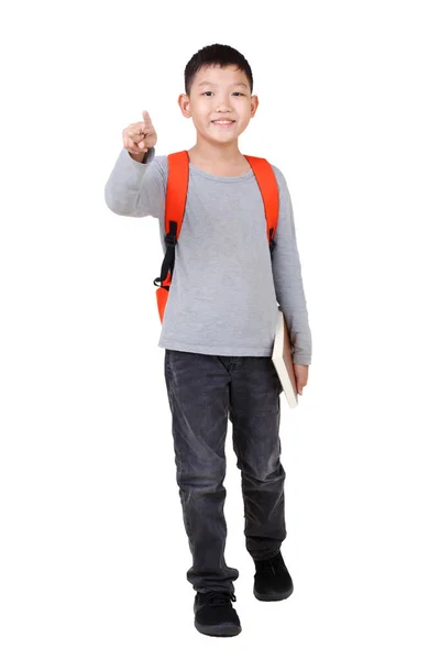 Asian Boy School Dzieciak Trzyma Książkę Plecakiem Full Body Izolowane — Zdjęcie stockowe