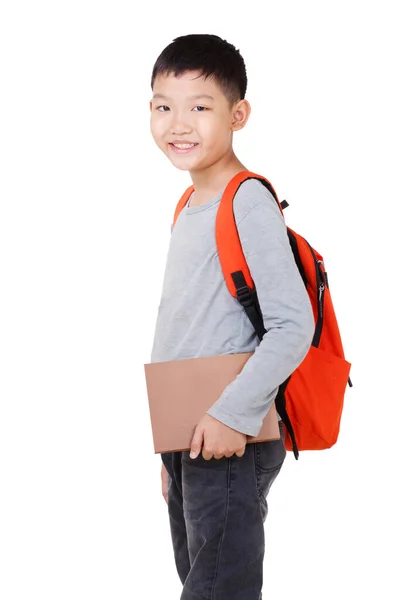 Asian Boy School Kid Holding Book Backpack Full Body絶縁された白い背景 — ストック写真