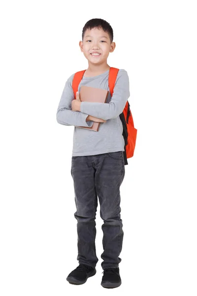 Азиатский Мальчик Школа Держит Книгу Рюкзаком Полное Тело Изолированы Белом — стоковое фото