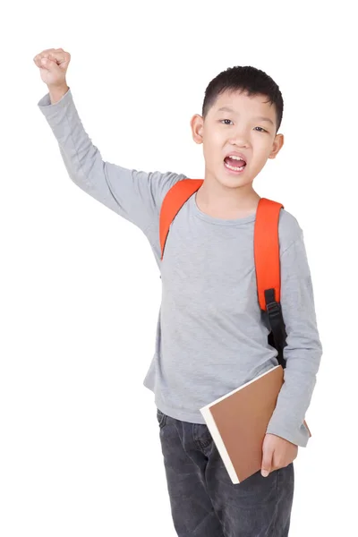 Asiatique Garçon École Portefeuille Livre Avec Sac Dos Complet Corps — Photo