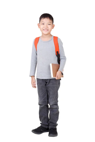 Asian Boy School Barn Hålla Bok Hand Upp Med Orange — Stockfoto