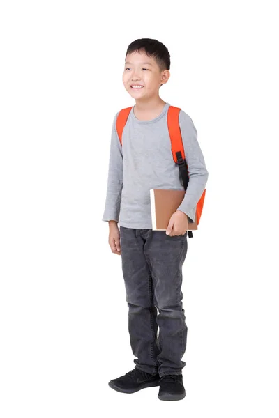 Хлопчик Азіатської Школи Тримає Книгу Помаранчевим Рюкзаком Full Body Isolated — стокове фото