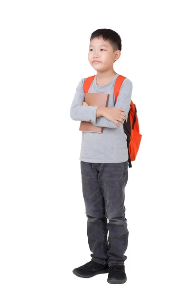 Asian Boy School Kid Holding Book Hand Orange Backpack Full — Stock Photo, Image