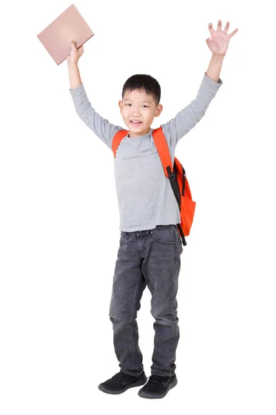 Asiático Niño Escuela Sosteniendo Libro Mano Arriba Con Naranja Mochila — Foto de Stock