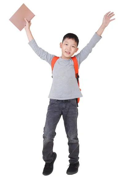 Asiático Niño Escuela Sosteniendo Libro Mano Arriba Con Naranja Mochila — Foto de Stock