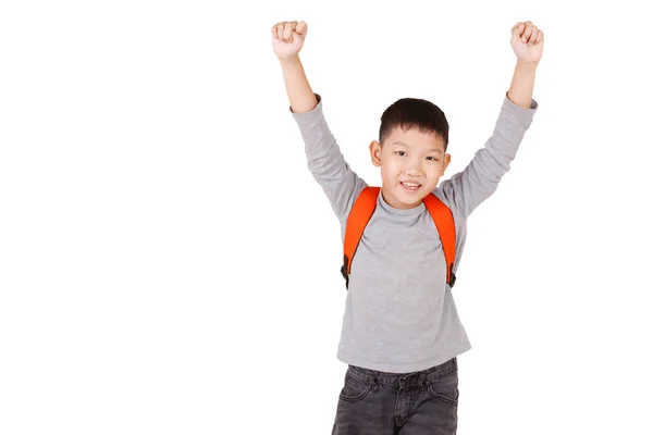 Ázsiai Fiú School Gyerek Kéz Fel Hátizsák Fél Test Elszigetelt — Stock Fotó