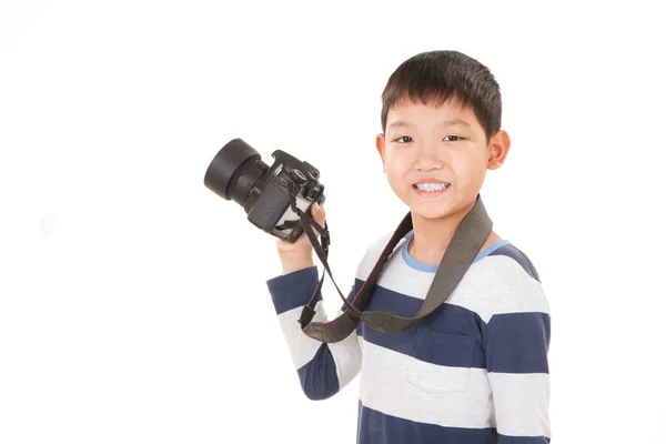 Asian Boy Camera Isolated White Background Showing Camera Pose — Stock Photo, Image