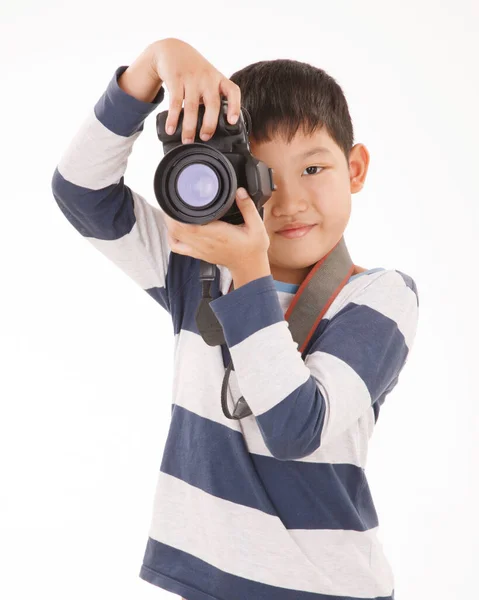 Asian Boy Camera Isolated White Background Shooting Pose — Stock Photo, Image