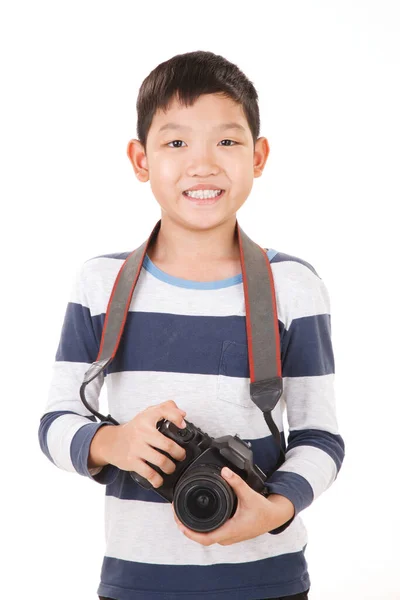 Smiling Asian Boy Camera Isolated White Background — Stock Photo, Image