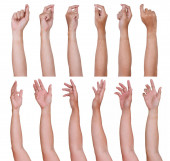 Skupina mužských asijských gest rukou izolovaných nad bílým pozadím. Chyť věc dvěma prsty Akce.