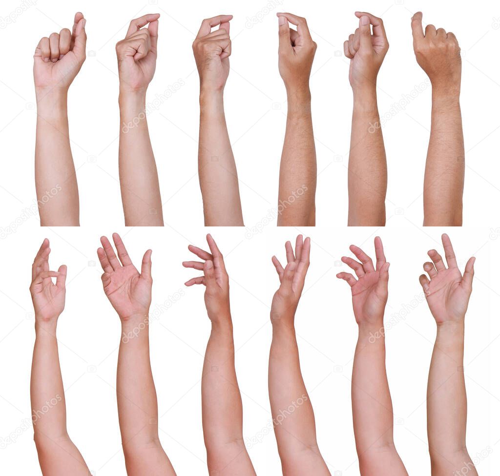 GROUP of Male asian hand gestures isolated over the white background. Grab Thing with two fingers Action.