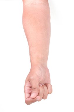 Beyaz arka planda izole edilmiş Asyalı erkek el hareketleri. El Tutma Şeyi Parmaklarıyla Eylem.