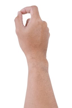  Beyaz arka planda izole edilmiş Asyalı erkek el hareketleri. Yuvarlak şeyi beş parmakla kavra.