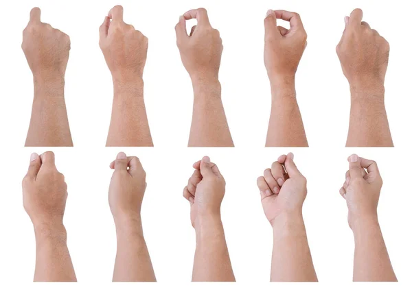  Beyaz arka planda izole edilmiş Asyalı erkek el hareketleri. Yuvarlak şeyi beş parmakla kavra.