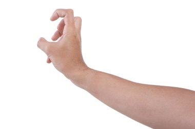  Beyaz arka planda izole edilmiş Asyalı erkek el hareketleri. Yuvarlak şeyi beş parmakla kavra.