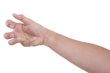  Beyaz arka planda izole edilmiş Asyalı erkek el hareketleri. Yuvarlak şeyi beş parmakla kavra.