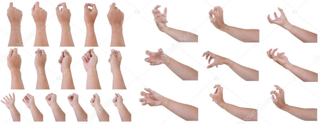  Male asian hand gestures isolated over the white background. Grab Round Thing with five fingers Action.