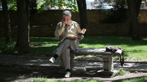 Uomo Anziano Intelligente Siede Legge Libro Una Panchina Vicolo Verde — Video Stock