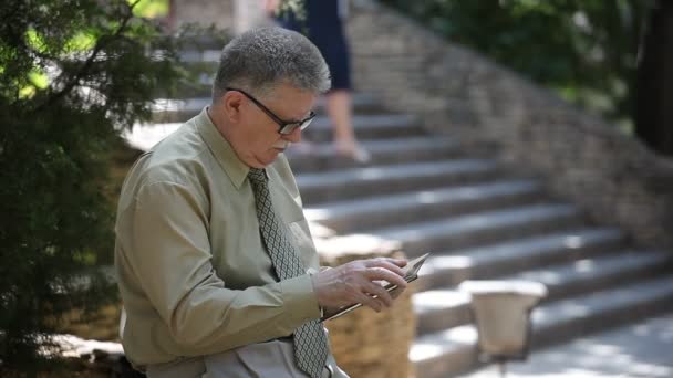 快乐的老人坐在一个传统的楼梯上看书 在一个时髦的老人坐在栏杆上阅读一本书 在一个阳光明媚的日子 在他的背部 Historicalstaircase 在一个普通的阶梯 — 图库视频影像