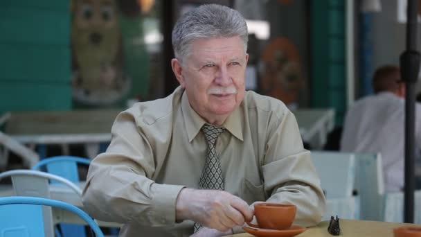 Smart Aged Man Drinks Coffee Outdoors Thinks His Family Summer — Stock Video