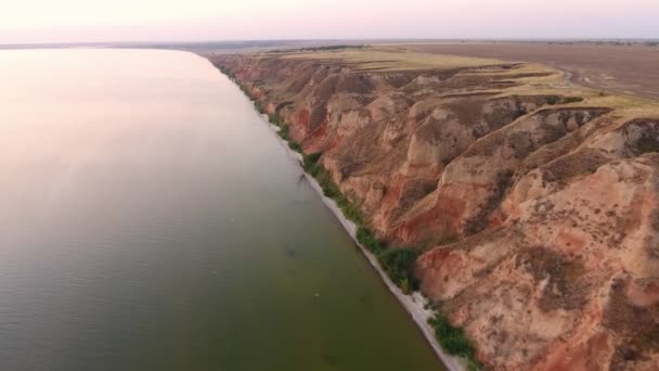 Aerial Shot Rugged Hilly Black Sea Shore Splendid Sunset Summer — Stock Video