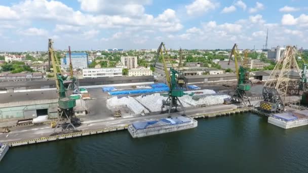 Luchtfoto Van Enorme Kranen Docks Een Haven Van Stad Aan — Stockvideo