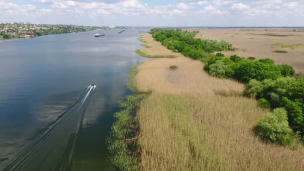 空中拍摄的 Dnipro 河岸和一艘摩托艇沿着它在夏季 一个引人注目的鸟瞰 Dnipro 岸边覆盖着绿色植物和生锈的湿地和一个小摩托艇浮动快速沿它在夏季 — 图库视频影像